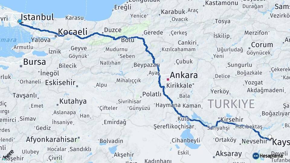 İstanbul Üsküdar Kayseri Arası Kaç Km - Yol Haritası