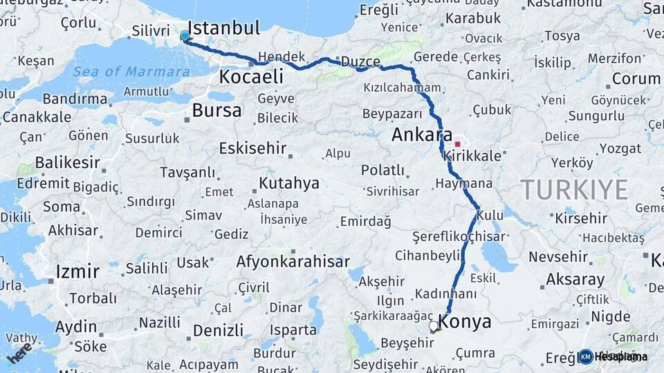 İstanbul Üsküdar Konya Arası Kaç Km - Yol Haritası