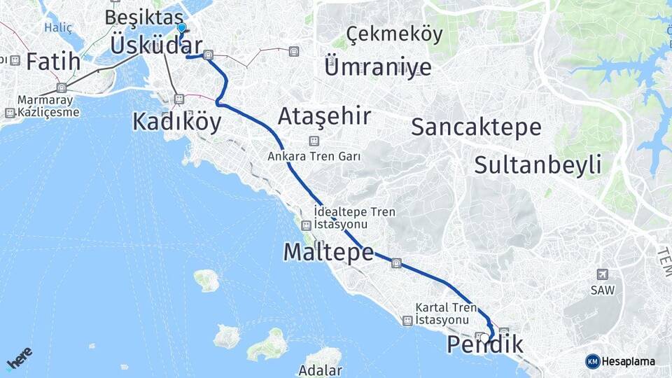 İstanbul Üsküdar Kuzguncuk Pendik Arası Kaç Km - Yol Haritası