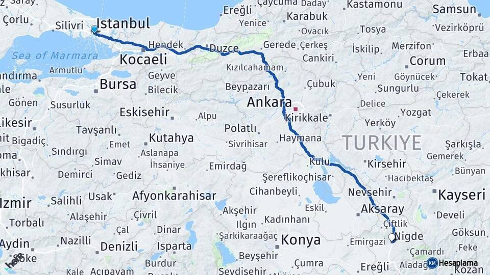 İstanbul Üsküdar Niğde Arası Kaç Km - Yol Haritası