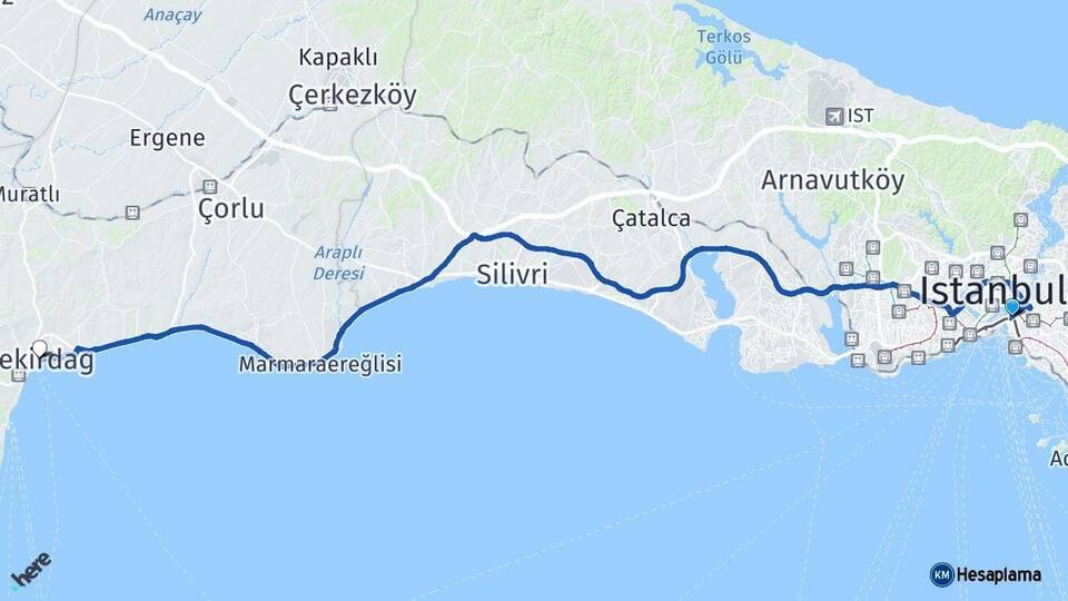 İstanbul Üsküdar Tekirdağ Arası Kaç Km - Yol Haritası