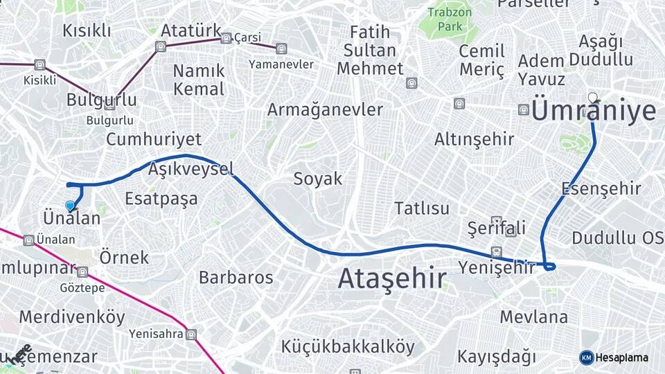 İstanbul Üsküdar Ünalan Ümraniye Arası Kaç Km - Yol Haritası