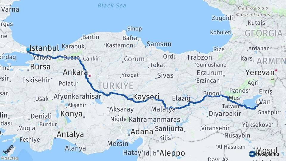 İstanbul Üsküdar Van Arası Kaç Km - Yol Haritası