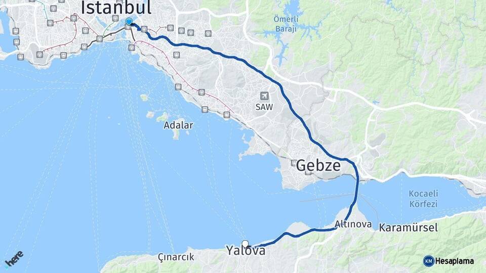 İstanbul Üsküdar Yalova Arası Kaç Km - Yol Haritası