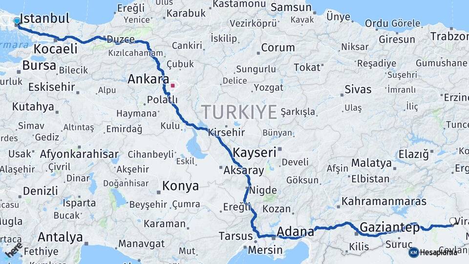 İstanbul Viranşehir Şanlıurfa Arası Kaç Km - Yol Haritası