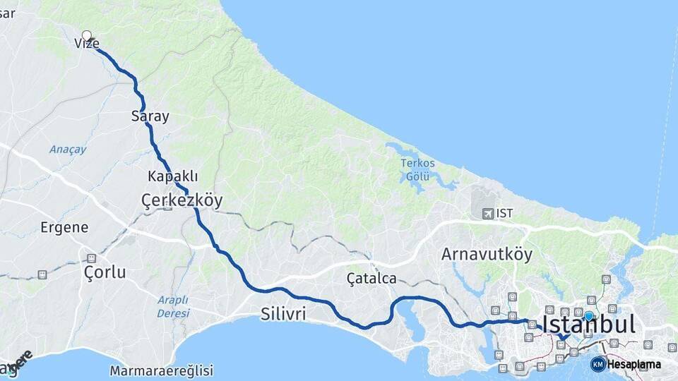 İstanbul Vize Kırklareli Arası Kaç Km - Yol Haritası