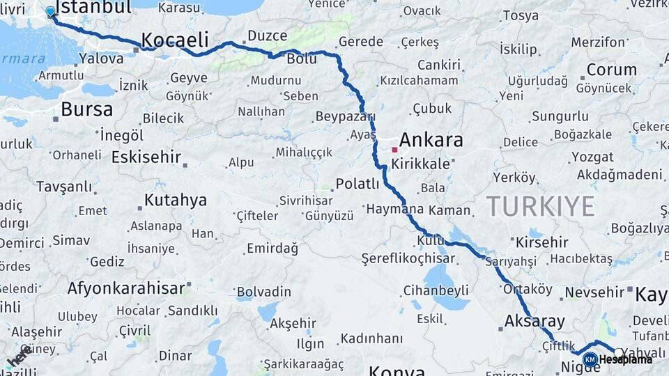 İstanbul Yahyalı Kayseri Arası Kaç Km - Yol Haritası