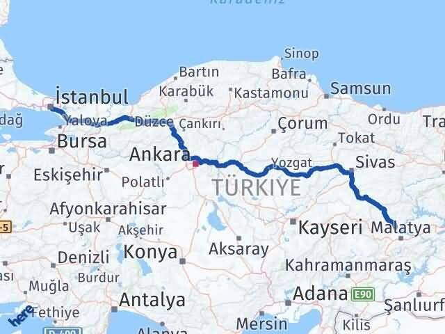 İstanbul Yazıhan Malatya Arası Kaç Km - Yol Haritası