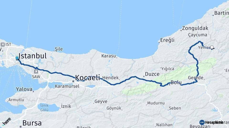 İstanbul Yenice Arası Kaç Km - Yol Tarifi