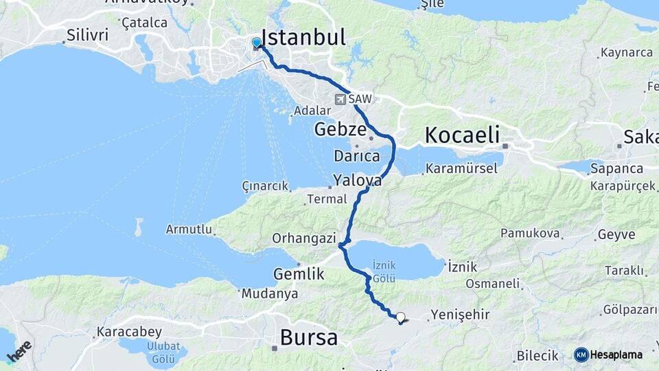 İstanbul Yenişehir Havalimanı Arası Kaç Km - Yol Haritası