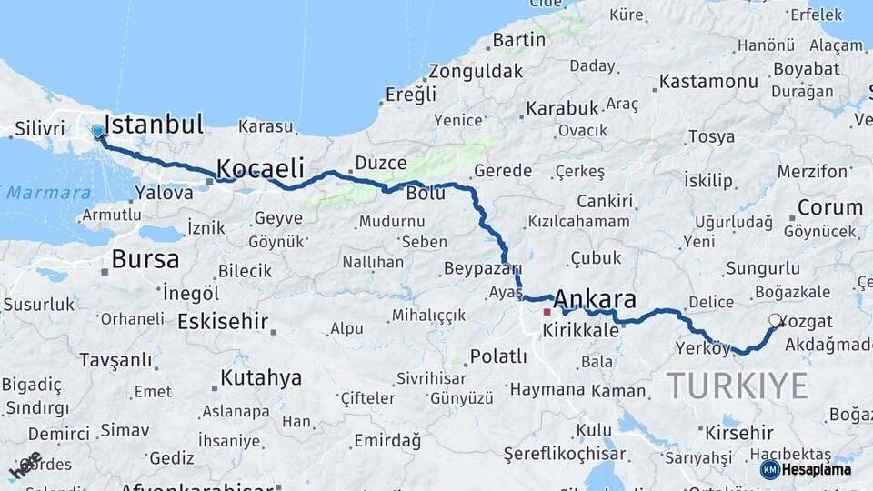İstanbul Yozgat Arası Kaç Km - Yol Haritası