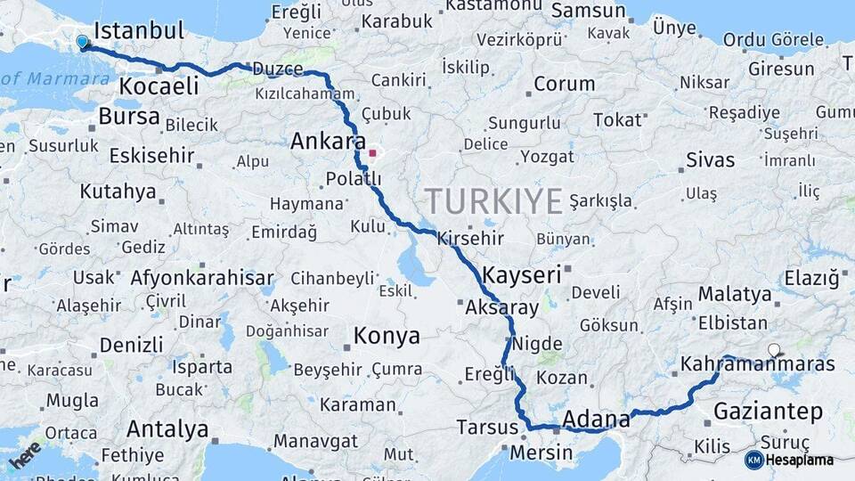 İstanbul Zeytinburnu Adıyaman Arası Kaç Km - Yol Haritası