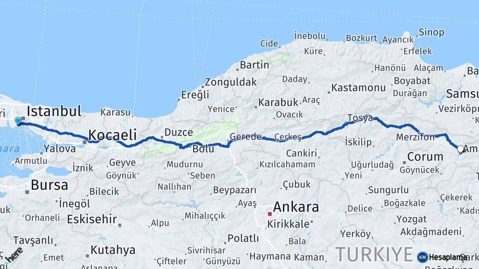 İstanbul Zeytinburnu Amasya Arası Kaç Km - Yol Haritası