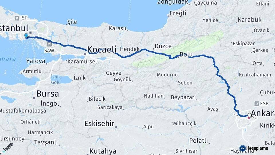 İstanbul Zeytinburnu Ankara Arası Kaç Km - Yol Haritası