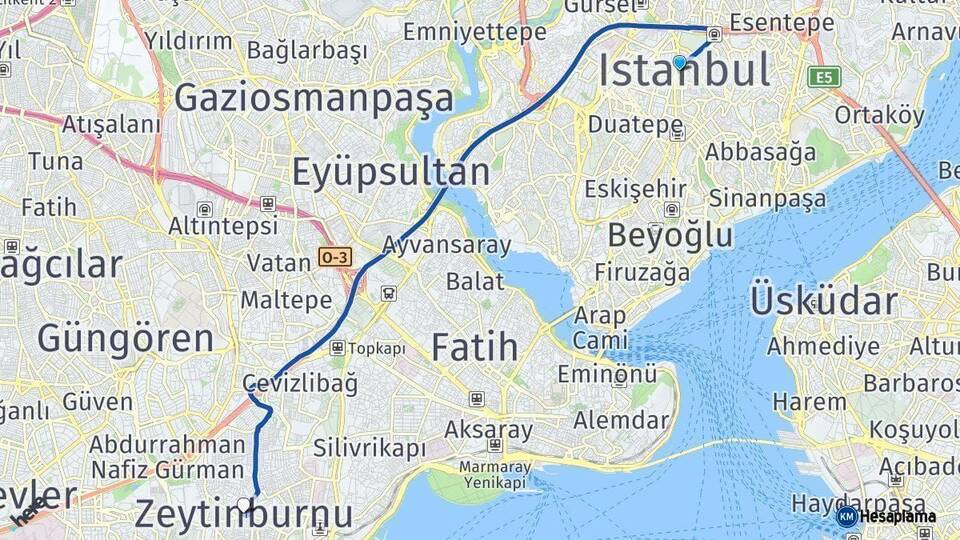 İstanbul Zeytinburnu Arası Kaç Km - Yol Haritası