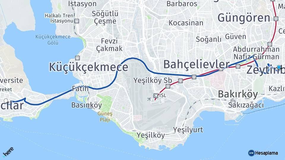 İstanbul Zeytinburnu Avcılar Arası Kaç Km - Yol Haritası