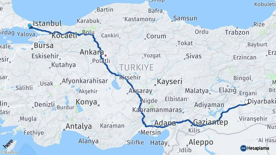 İstanbul Zeytinburnu Diyarbakır Arası Kaç Km - Yol Haritası