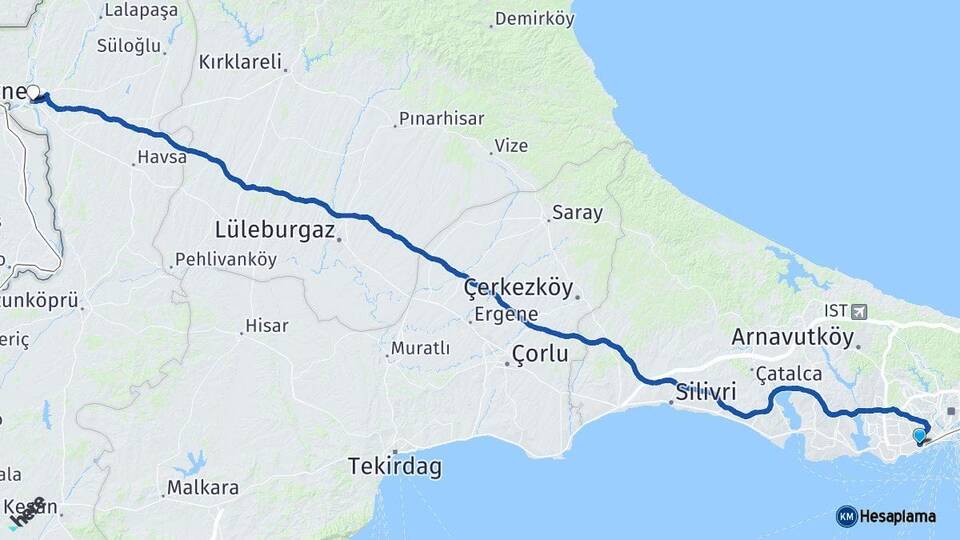 İstanbul Zeytinburnu Edirne Arası Kaç Km - Yol Haritası