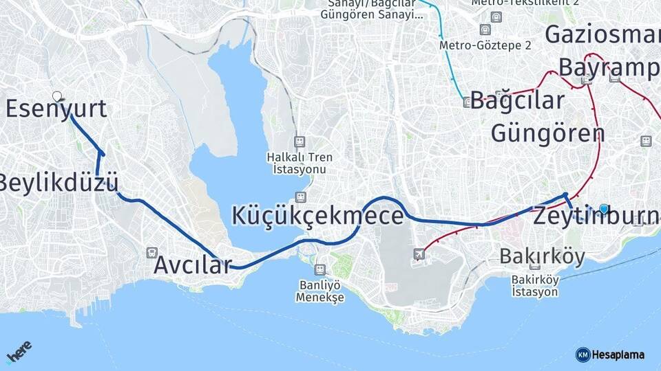 İstanbul Zeytinburnu Esenyurt Arası Kaç Km - Yol Haritası