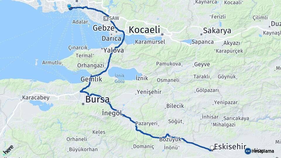 İstanbul Zeytinburnu Eskişehir Arası Kaç Km - Yol Haritası
