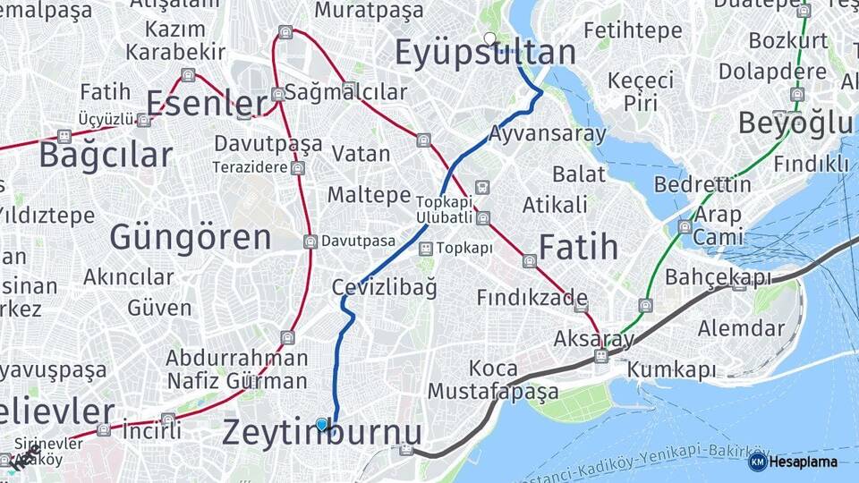 İstanbul Zeytinburnu Eyüpsultan Arası Kaç Km - Yol Haritası