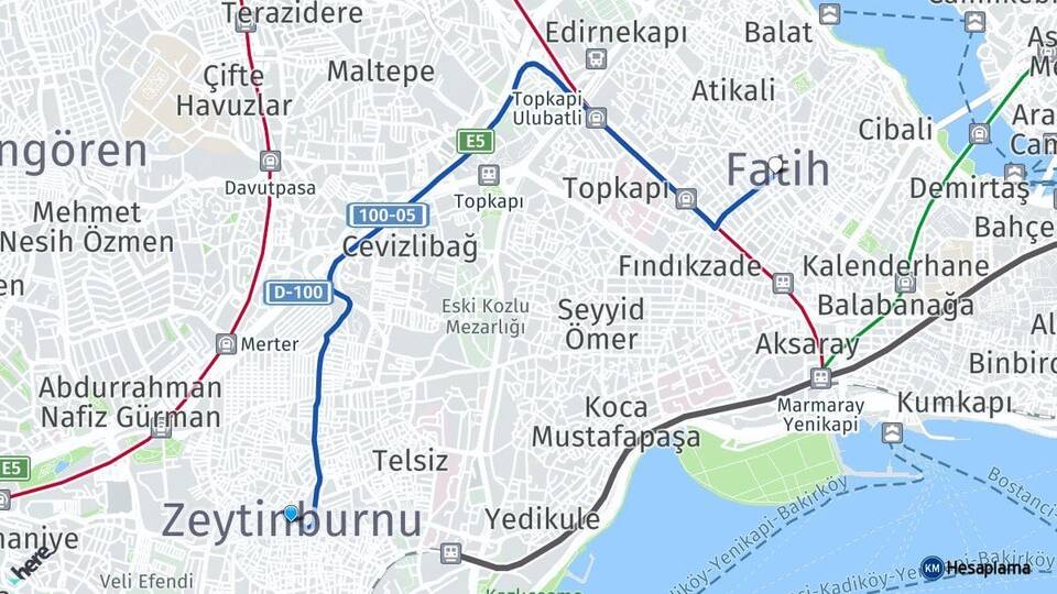 İstanbul Zeytinburnu Fatih Arası Kaç Km - Yol Haritası