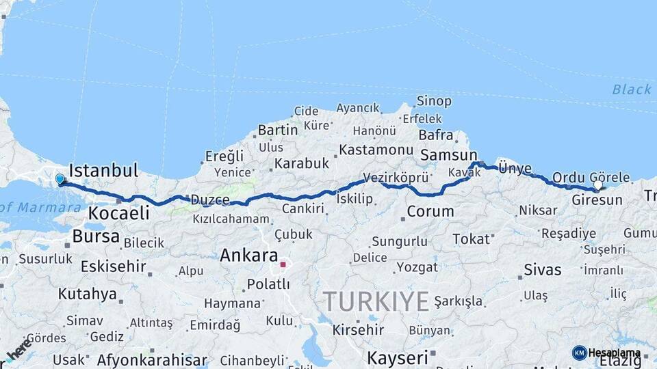 İstanbul Zeytinburnu Giresun Arası Kaç Km - Yol Haritası