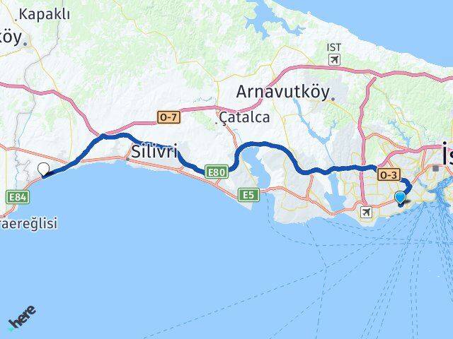 İstanbul Zeytinburnu Gümüşyaka Silivri Arası Kaç Km - Yol Haritası