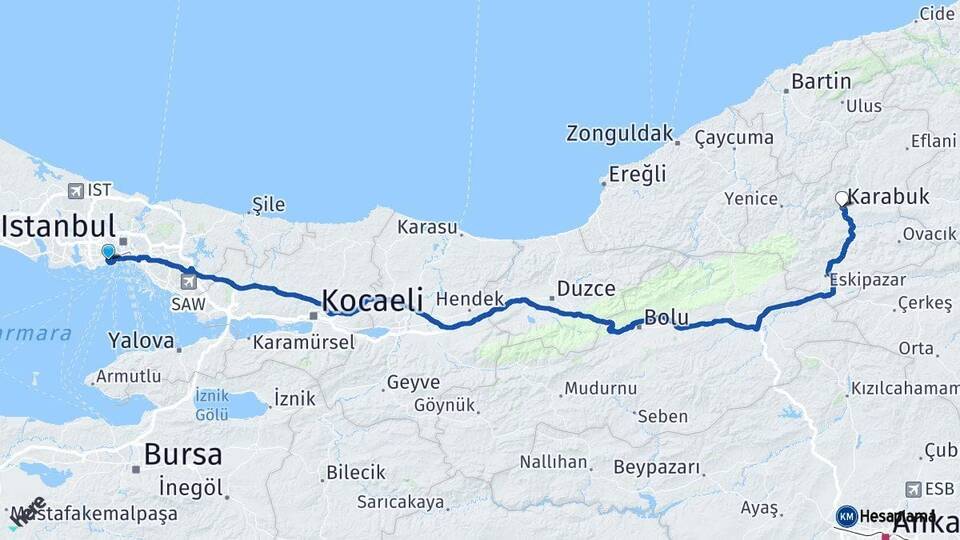 İstanbul Zeytinburnu Karabük Arası Kaç Km - Yol Haritası
