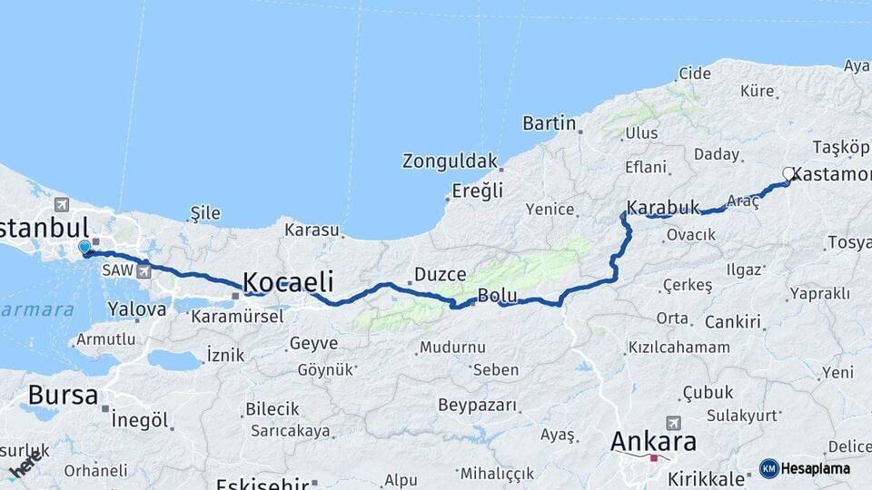 İstanbul Zeytinburnu Kastamonu Arası Kaç Km - Yol Haritası