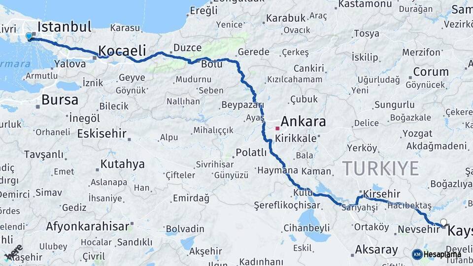 İstanbul Zeytinburnu Kayseri Arası Kaç Km - Yol Haritası