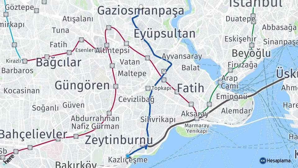 İstanbul Zeytinburnu Kazlıçeşme Gaziosmanpaşa Arası Kaç Km - Yol Haritası