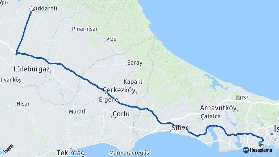 İstanbul Zeytinburnu Kırklareli Arası Kaç Km - Yol Haritası