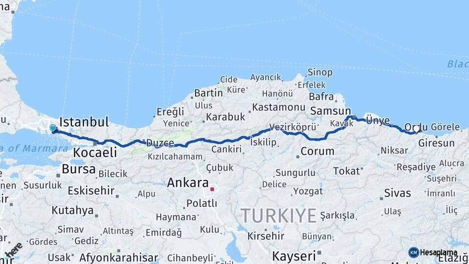 İstanbul Zeytinburnu Ordu Arası Kaç Km - Yol Haritası