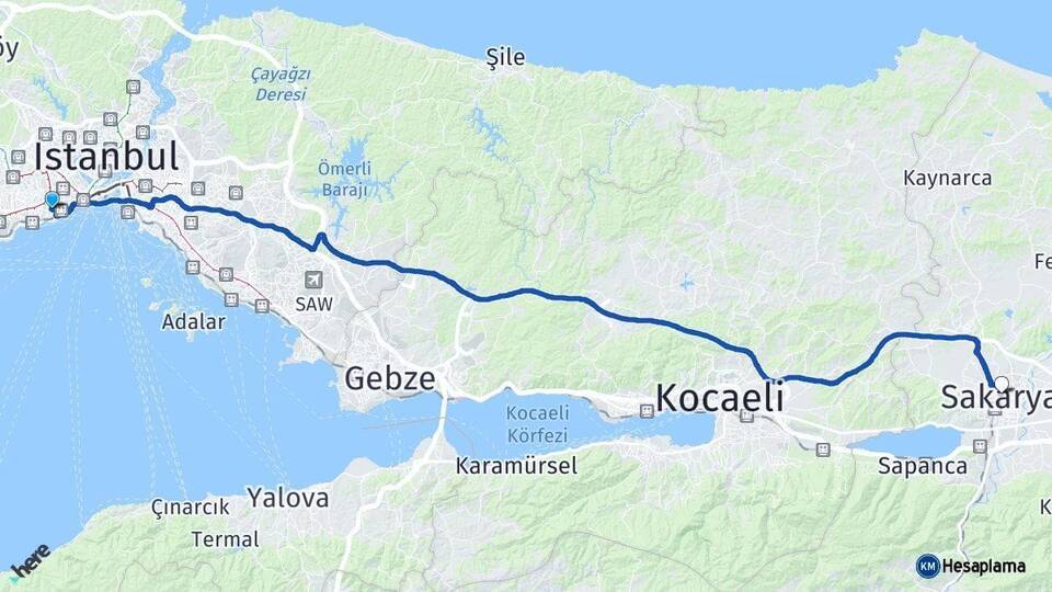 İstanbul Zeytinburnu Sakarya Arası Kaç Km - Yol Haritası