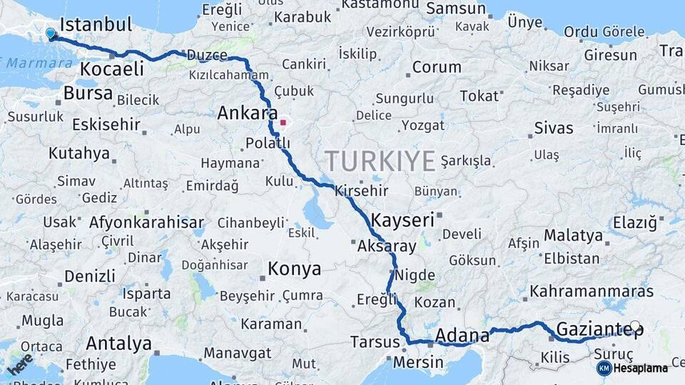 İstanbul Zeytinburnu Şanlıurfa Arası Kaç Km - Yol Haritası