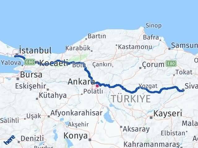 İstanbul Zeytinburnu Sivas Arası Kaç Km - Yol Haritası