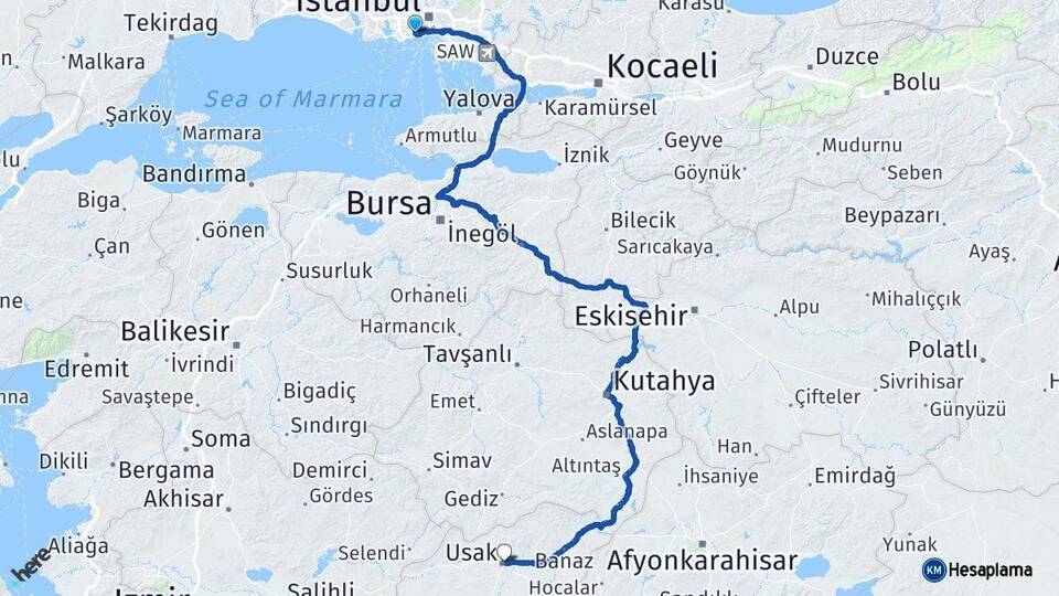 İstanbul Zeytinburnu Uşak Arası Kaç Km - Yol Haritası