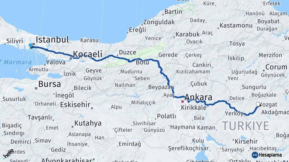 İstanbul Zeytinburnu Yozgat Arası Kaç Km - Yol Haritası