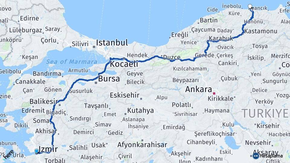 İzmir Abana Kastamonu Arası Kaç Km - Yol Haritası