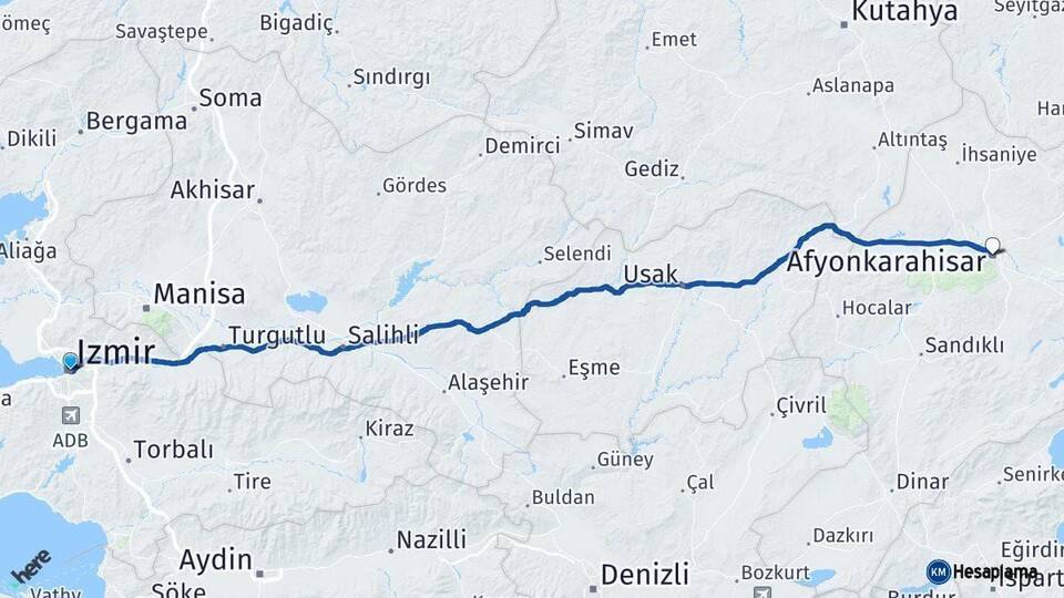 İzmir Afyonkarahisar Arası Kaç Km - Yol Haritası
