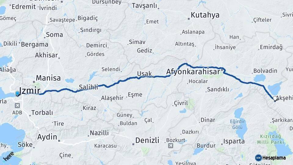 İzmir Akşehir Konya Arası Kaç Km - Yol Haritası