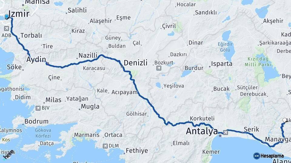 İzmir Akseki Antalya Arası Kaç Km - Yol Haritası