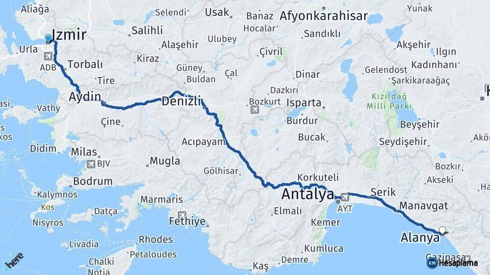 İzmir Alanya Antalya Arası Kaç Km - Yol Haritası