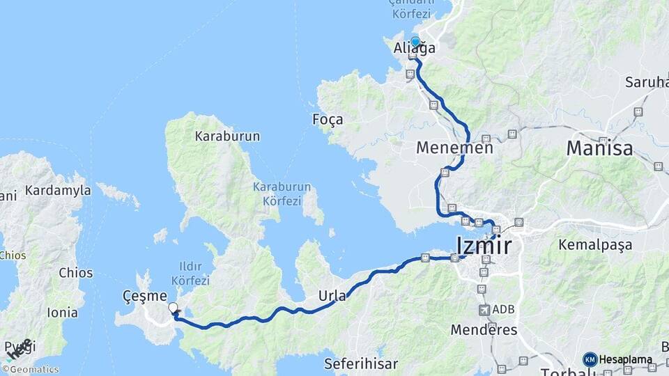 İzmir Aliağa Alaçatı Çeşme Arası Kaç Km - Yol Haritası