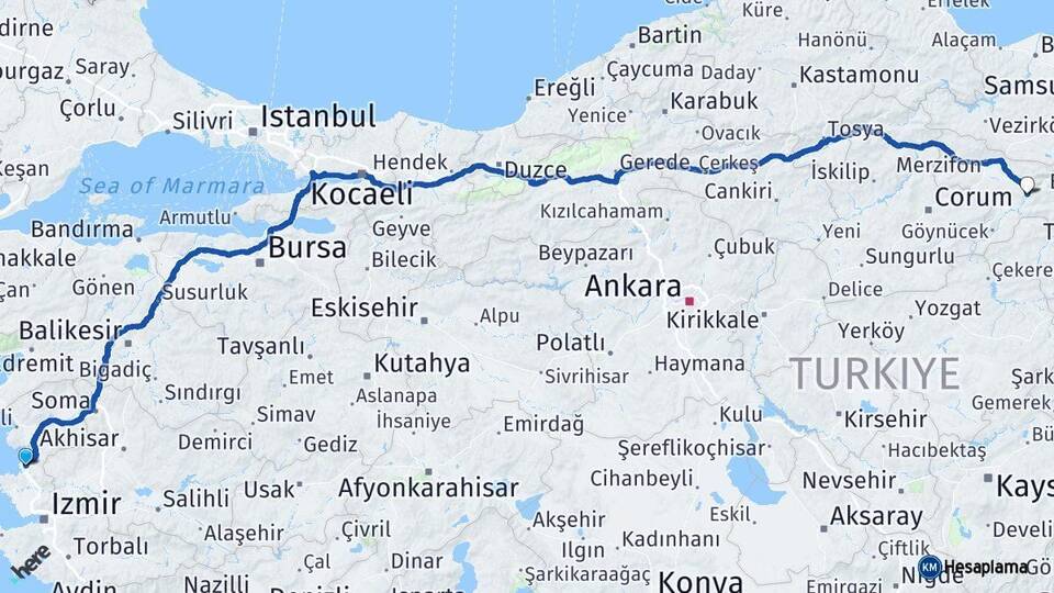 İzmir Aliağa Amasya Arası Kaç Km - Yol Haritası