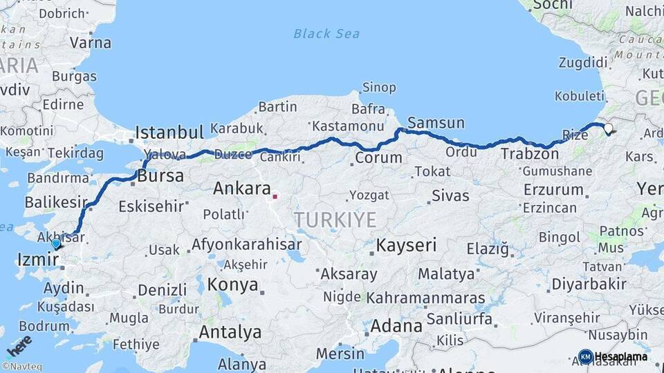 İzmir Aliağa Artvin Arası Kaç Km - Yol Haritası