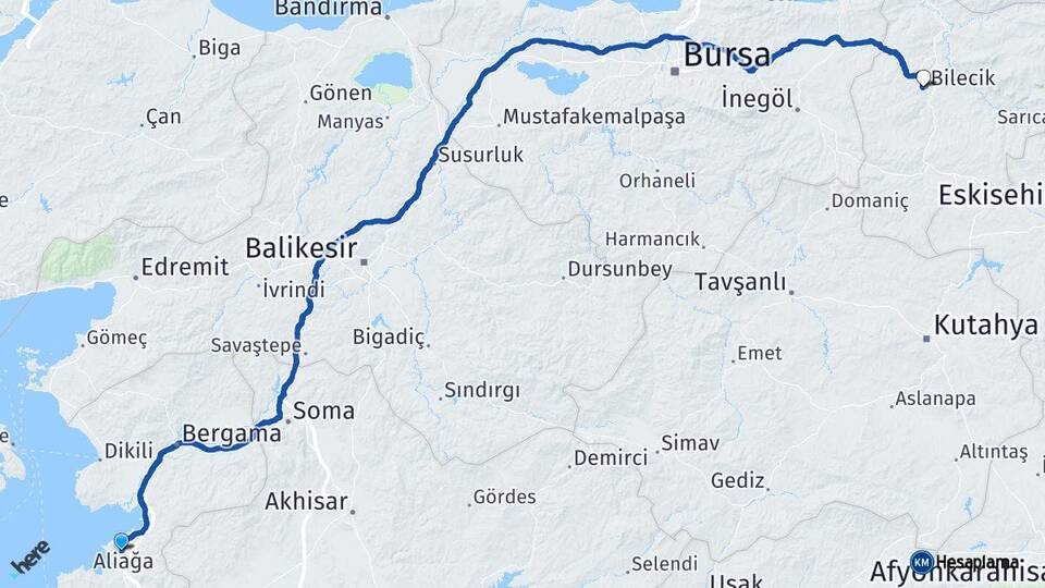 İzmir Aliağa Bilecik Arası Kaç Km - Yol Haritası