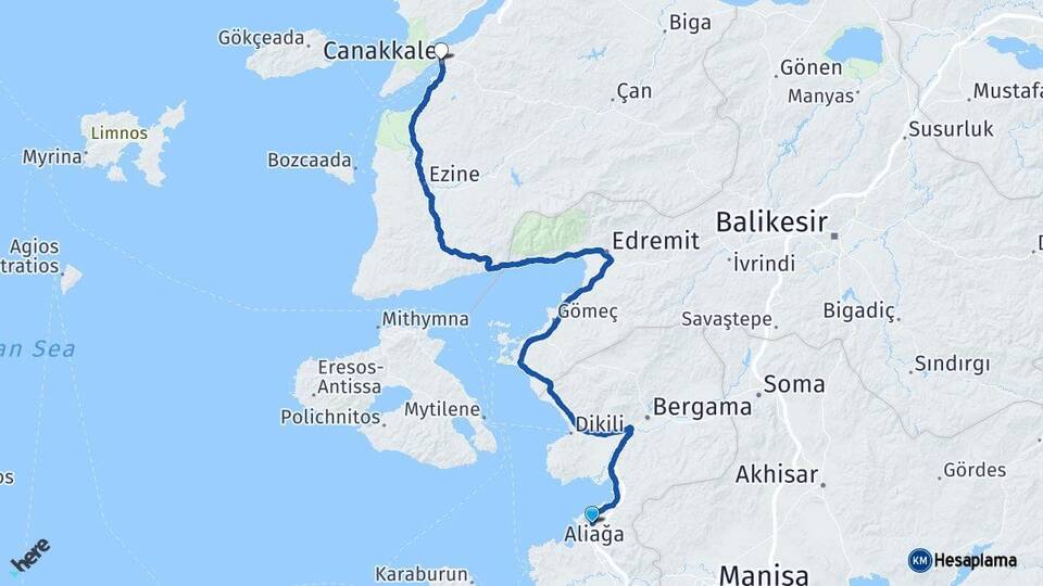 İzmir Aliağa Çanakkale Arası Kaç Km - Yol Haritası