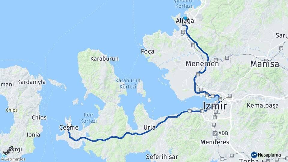 İzmir Aliağa Çeşme Arası Kaç Km - Yol Haritası